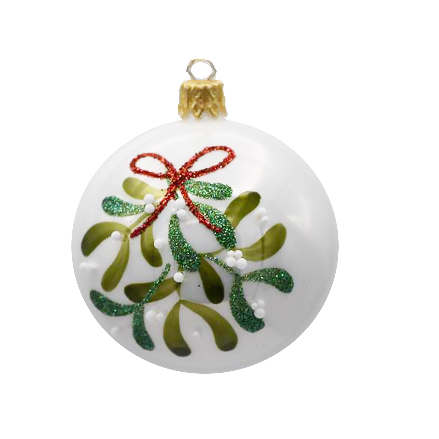 Weihnachtskugel "Mistelweig" weiß glanz, D. ca. 8 cm, handbemalt   
