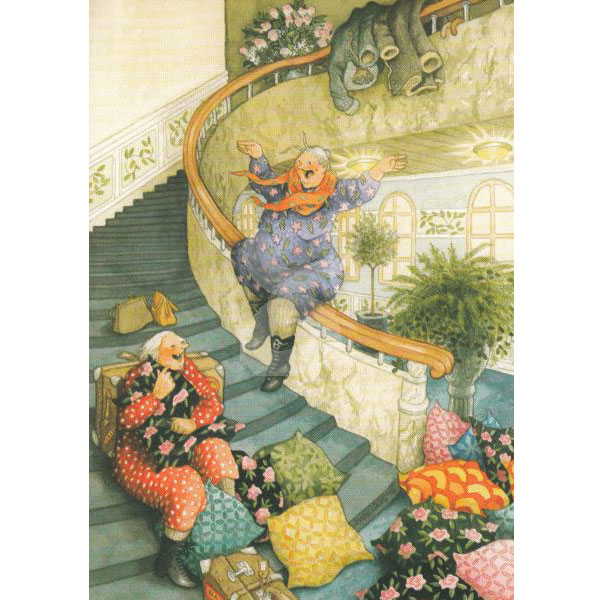 Postkarte Inge Löök " Frauen rutschen das Treppengeländer herunter"  Löök Postkarte