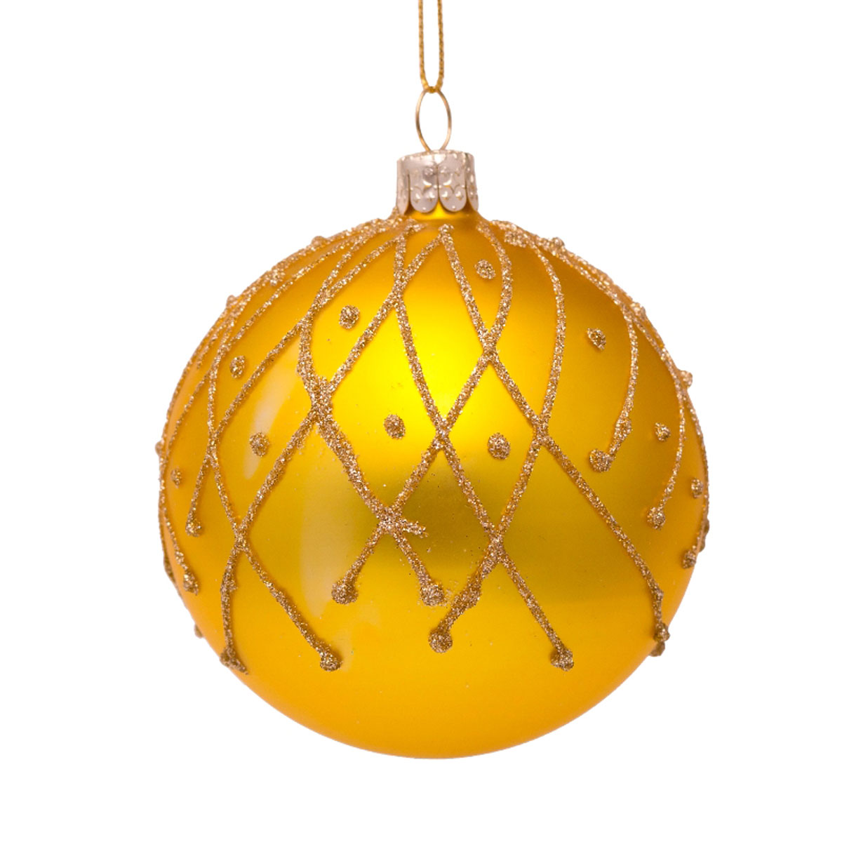  Weihnachtskugel Gelb matt mit Glitzerfäden Gold, Glas,  D. ca. 8cm 