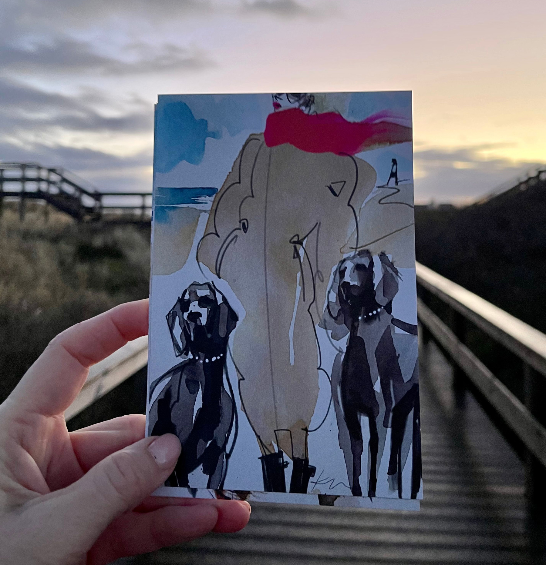 Katja Foos Karte "2 Hunde mit Frauchen mit Schal pink" aus der Serie „Hundis & Frauchen“, pink