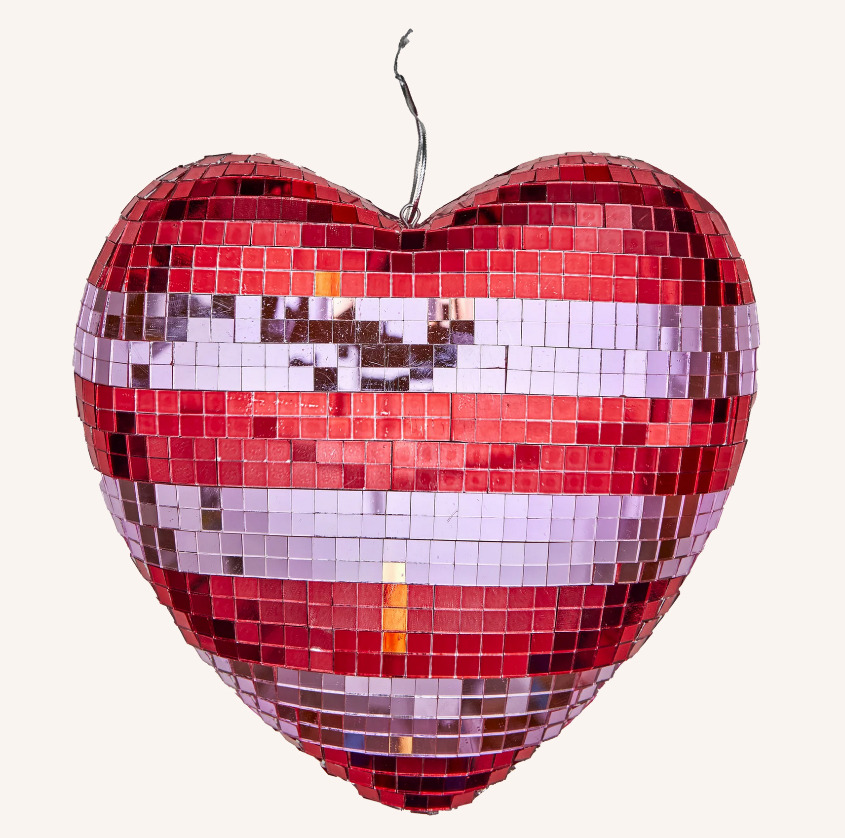 RICE Diskokugel HERZ mit Streifen, Pink, D. ca. 23 cm, Disco Ball in Heart Shape with Red and Pink Stripes - Large