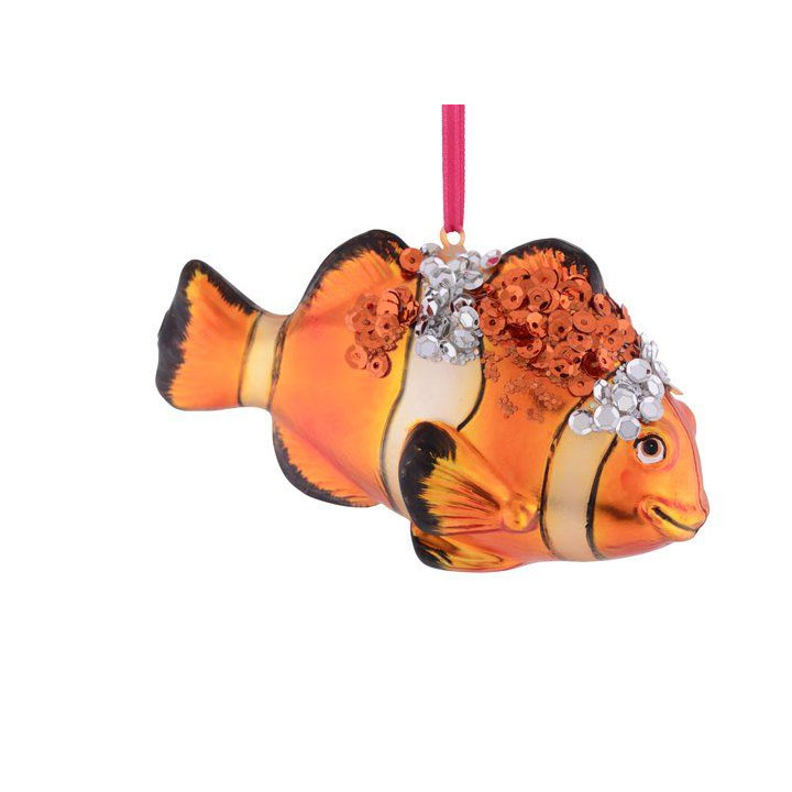Christbaumkugel Clownfisch, Glitzer, orange/gold , Glas , Weihnachtsanhänger , ca. 12,8x7,7x5,5cm