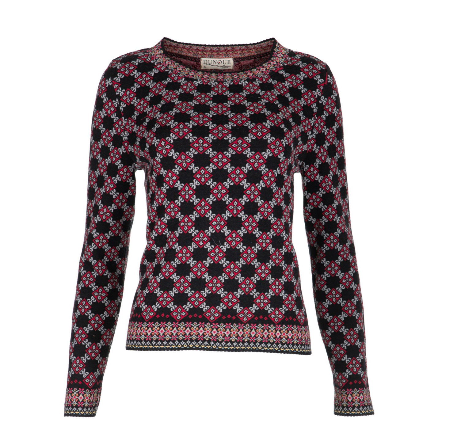 DUNQUE Jacquard-Pullover "KARO" GOTS , Farbe schwarz-bunt, 100 % Bio-Baumwolle, Made in Germany