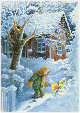 Postkarte Kind findet Rose im Schnee , Weihnachten, Schweden, Taurus