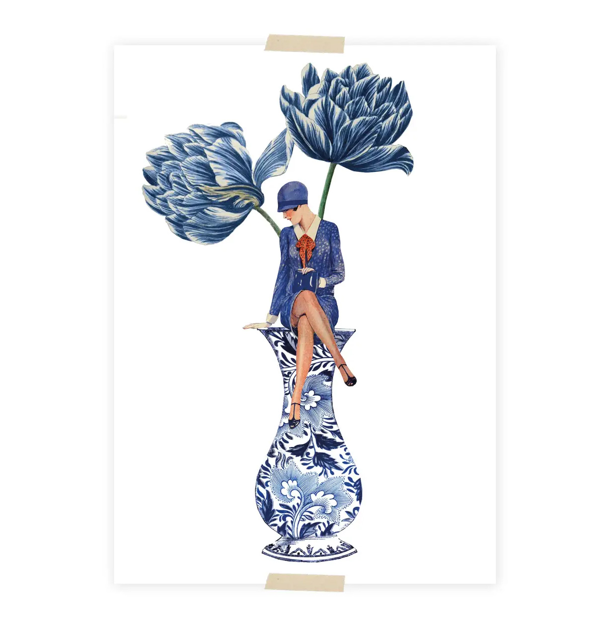 Lylies Postkarte Collage Dame in einer Vase und blauen Tulpen von Lylies