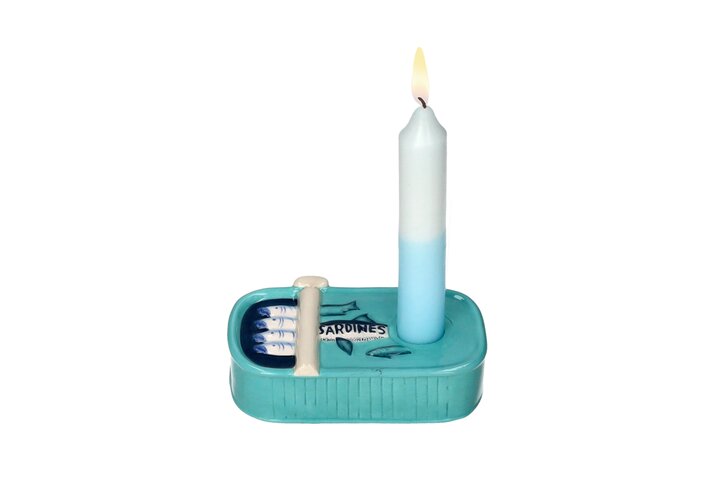 % Mignon, Kerzenhalter, Motiv: Sardinendose, blau, ca. 13,3x4,4x7,7cm