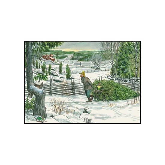 Postkarte Pettersson und Findus, Christbaum holen mit Findus