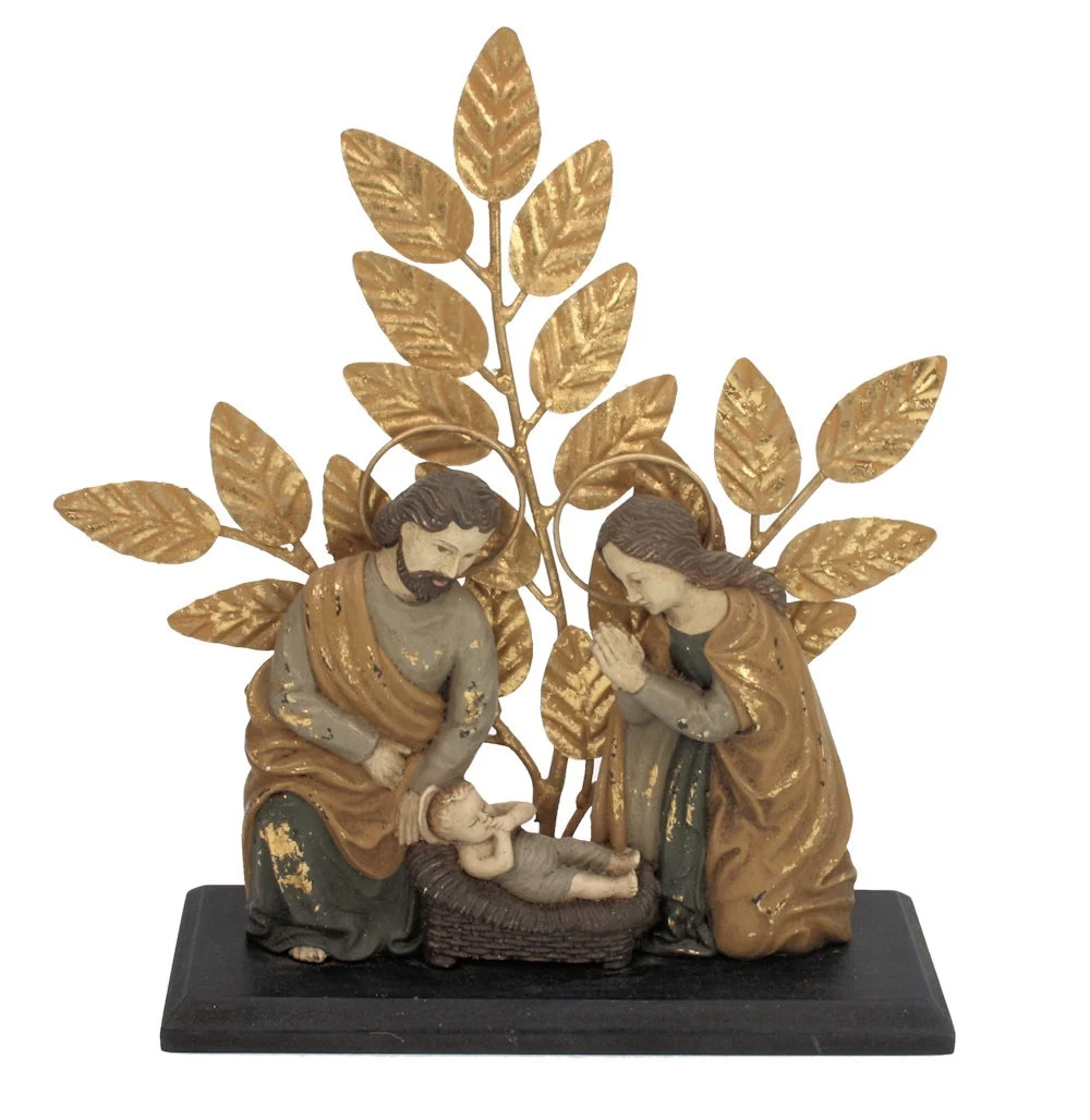 Heilige Familie mit goldenen Zweigen, Vintage Look, ca. 19,5 x 6 x 25 cm, Holzoptik Weihnachten 