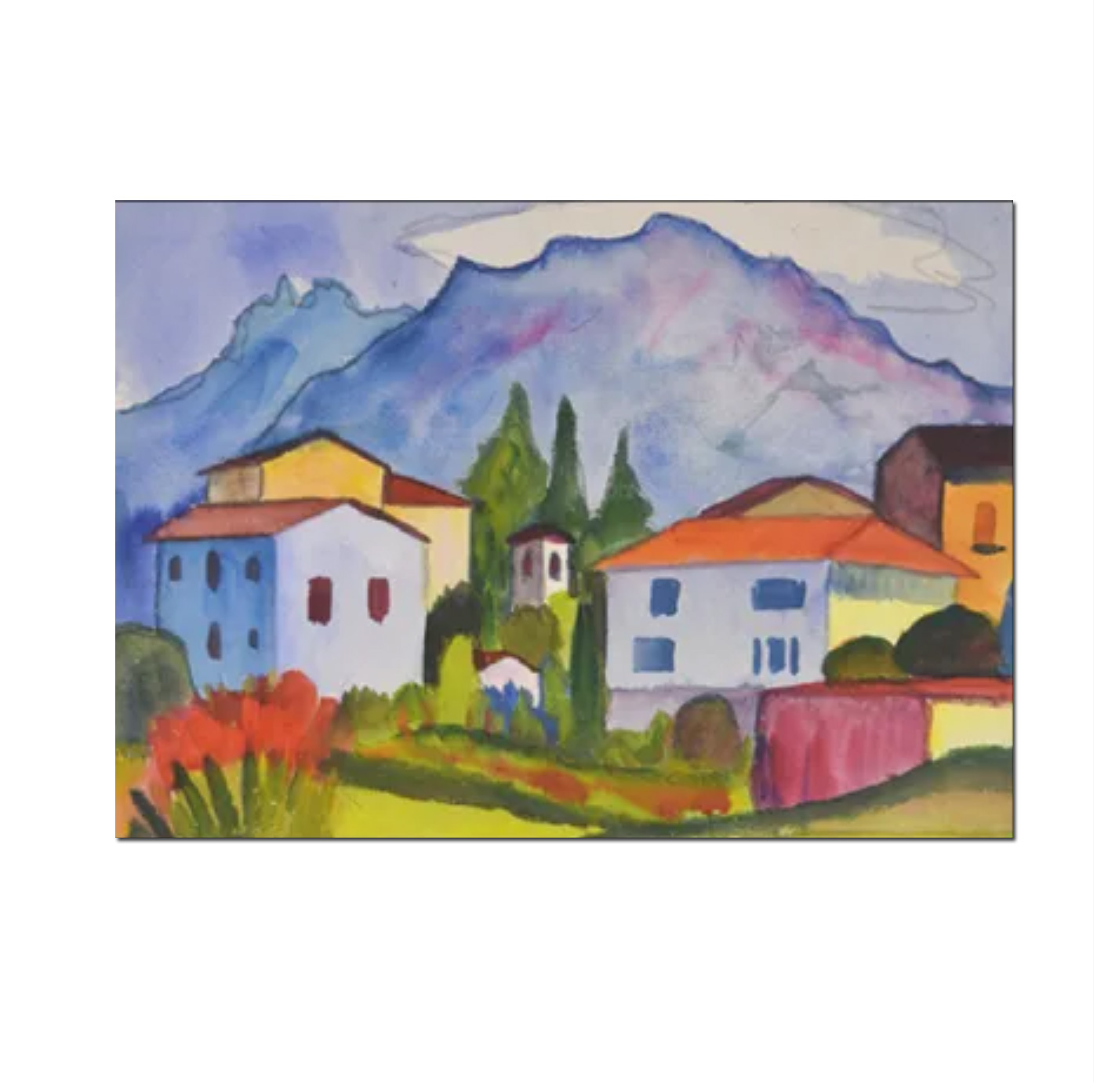 Postkarte  "Tessiner Dorf mit Bergen, 1927" von Hermann Hesse   