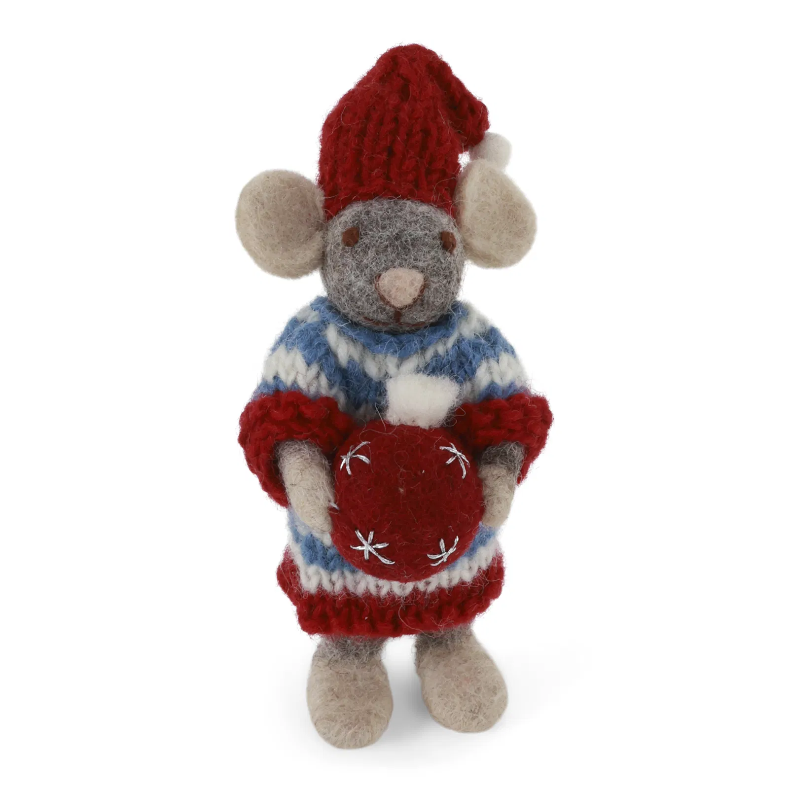 Gry & Sif Filz Weihnachtsmaus mit Kleid und Weihnachtskugel, Blau-Rot,  ca.12 cm, Small Grey Girly Mouse in Dress w/Chrismas Bauble