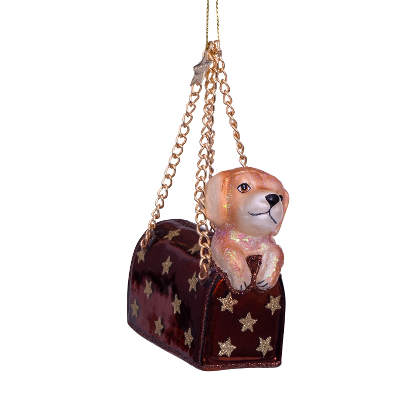 Weihnachtskugel Handtasche braun mit Labradorwelpe, Glas,  H. ca. 7cm, Golden Moments
