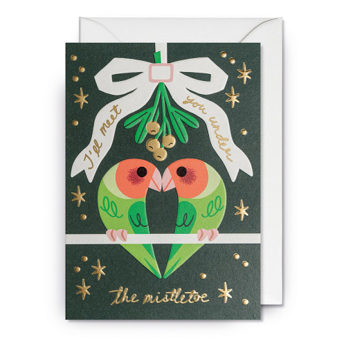 Doppelkarte Papageien "I’ll Meet You Under The Mistletoe"  von Mei Støyva Weihnachtskarte 