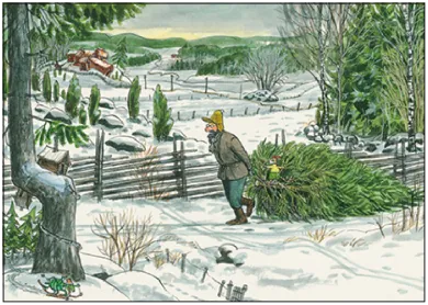 Postkarte Pettersson und Findus, Christbaum holen mit Findus