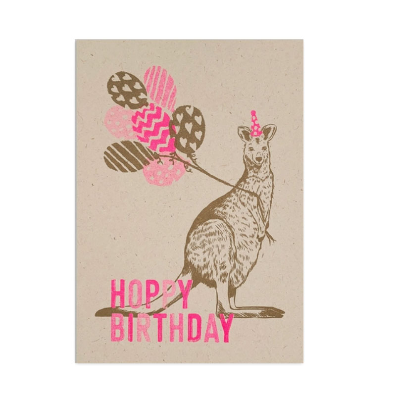 Feingeladen Postkarte TYPO »Hoppy Birthday«, Känguru, Geburtstag, Neon Pink, RISO handgedruckt