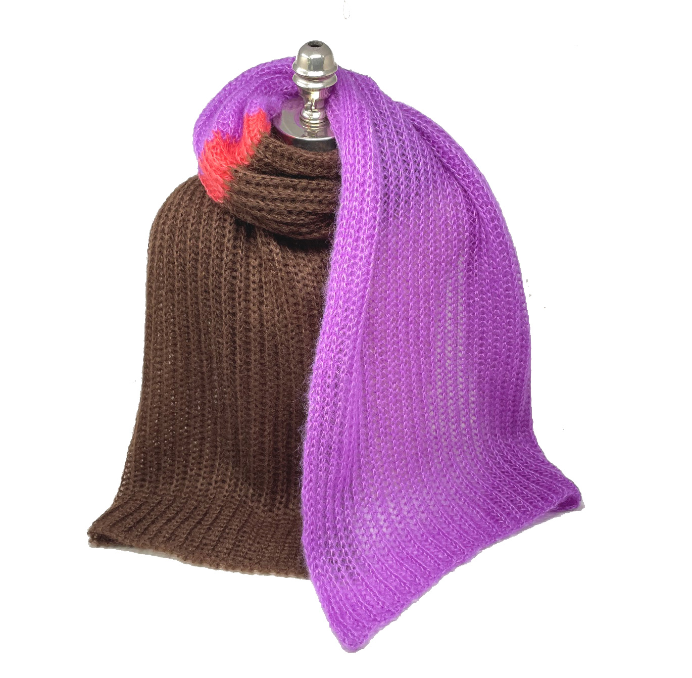 filAMORI Patentschal Colorblock 2 Marrone-Violetto, Streifen Koralle, Mohair/Seide, ca. 40 x 200 cm  