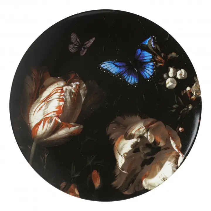 % Wandteller Blue Morpho, Schmetterling & Tulpen D. ca. 31,5 cm von Heinen Delfts Blauw, Holland, Niederlande