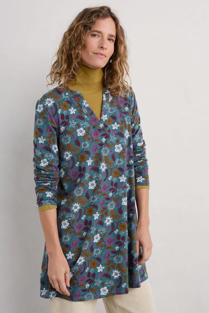 % SEASALT CORNWALL Tunika Wreathe Tunic-Woodblock Bloom Dusky Jade