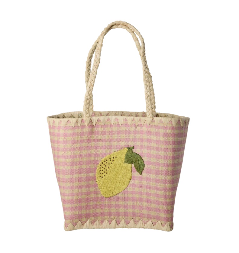 Rice Korbtasche Lemons/Zitronen Small, Rosa kariert