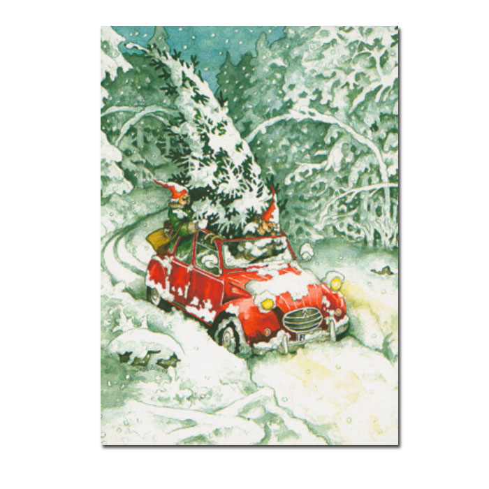 Postkarte Inge Löök "Frauen und Weihnachtsbaum im Auto "  Löök Postkarte Weihnachten