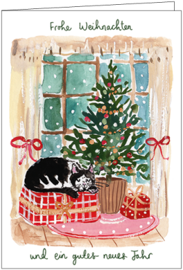 Doppelkarte Weihnachten "Frohe Weihnachten und ein gutes neues Jahr" Katze von Louise Mulgrew