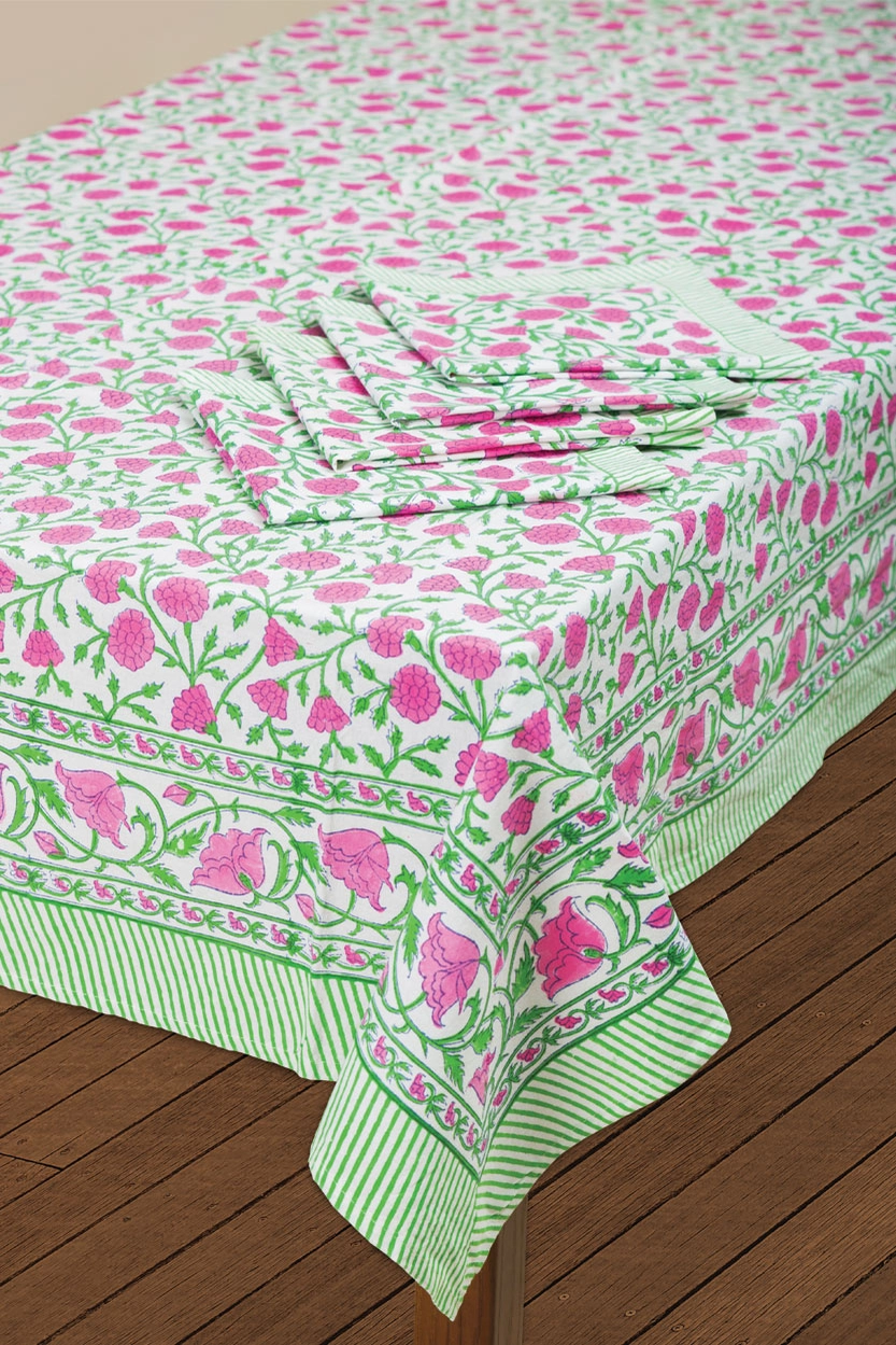 % Tischdecke mit Blumenmuster, pink-grün, ca. 150 x 230 cm, handbedruckt 