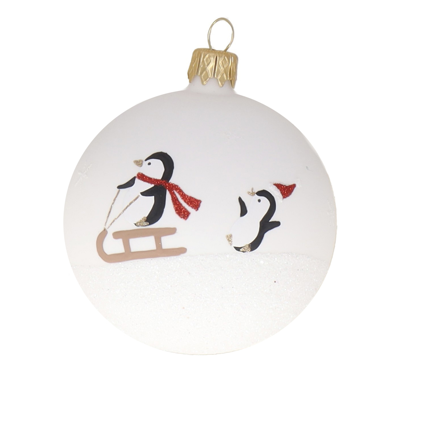 Weihnachtskugel "Pinguine" schwarz-braun-weiß, D. ca. 8 cm, handbemalt, weiß matt 