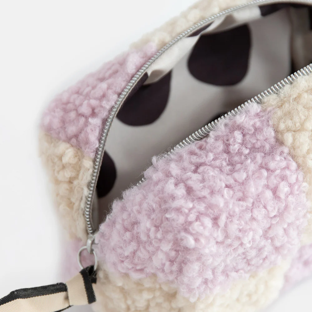Caroline Gardner Lilac/Cream Check Borg Cube Cosmetic Bag  , Kosmetiktasche , Teddyplüsch