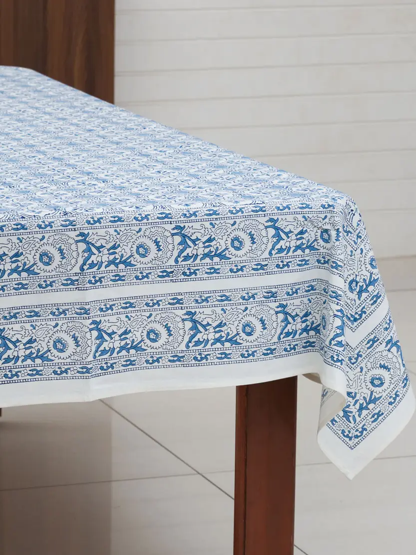 % Tischdecke mit Blumenmuster, blau, ca. 150 x 230 cm, handbedruckt