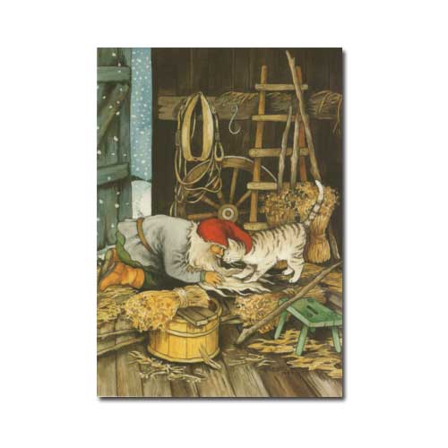 Postkarte Inge Löök "Zwerg kuschelt mit Katze  "  Löök Postkarte Weihnachten