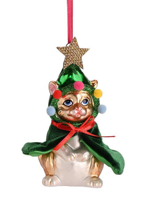 Weihnachtskugel Katze mit Weihnachtsbaumkostüm, Glas, ca. 11,5 cm , Hänger Katze mit Weihnachtsbaumkostüm, grün