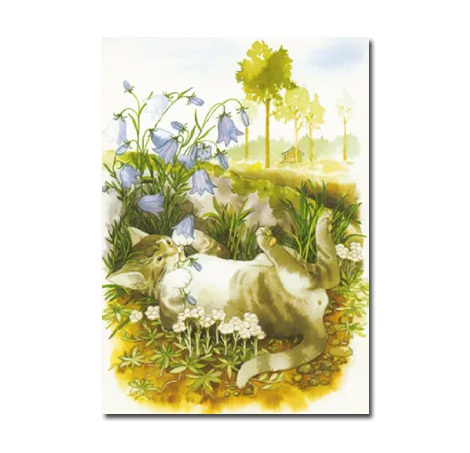 Postkarte Inge Löök "Katze spielt mit Gartenblumen"  Löök Postkarte Katze