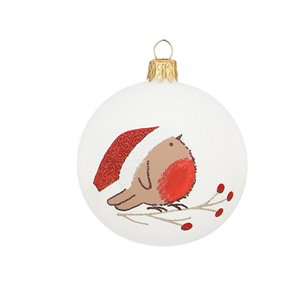 Weihnachtskugel "Vogel 2" rot-braun-weiß, D. ca. 8 cm, handbemalt, weiß matt