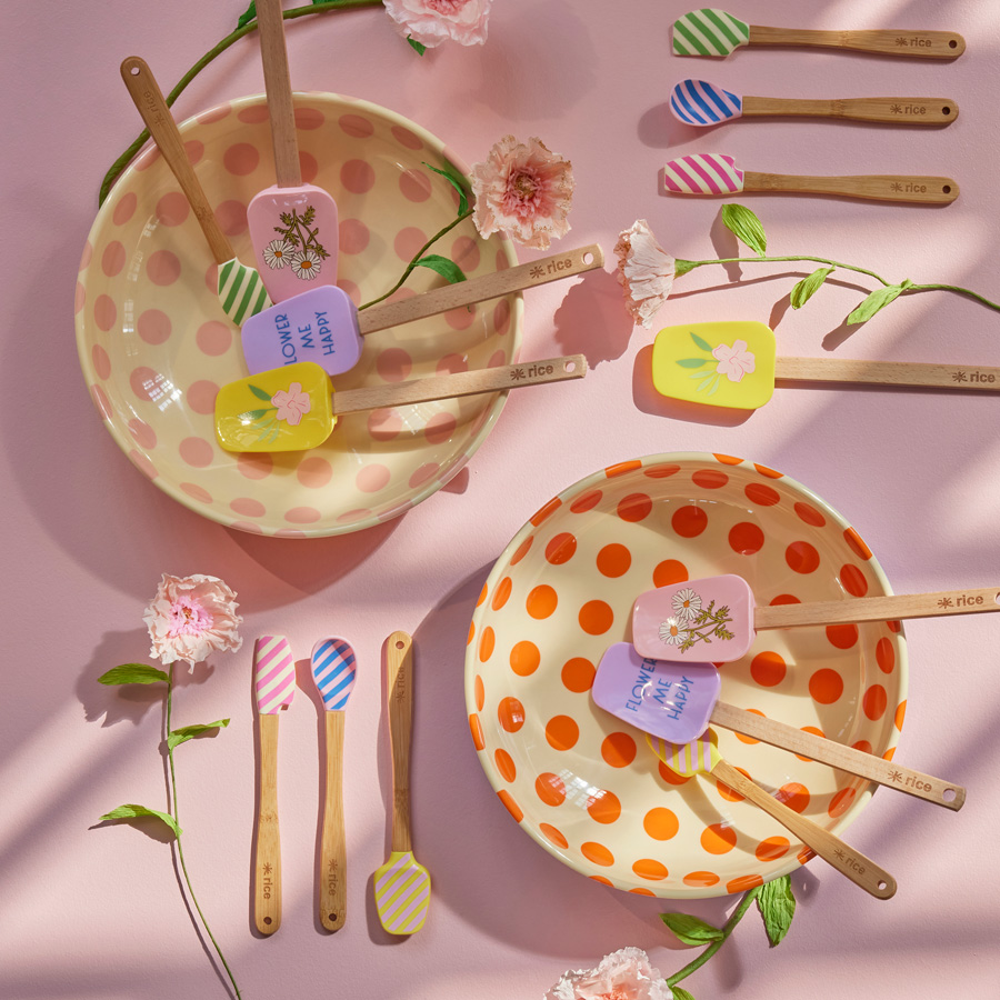 Rice Melamin Salatschüssel - Gelb - Pink Dots Print, D. ca. 30 cm