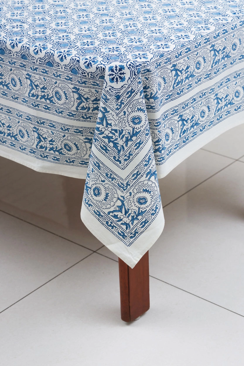 % Tischdecke mit Blumenmuster, blau, ca. 150 x 230 cm, handbedruckt