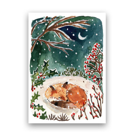 Doppelkarte Weihnachten "Schlafender Fuchs bei Nacht"  von Louise Mulgrew