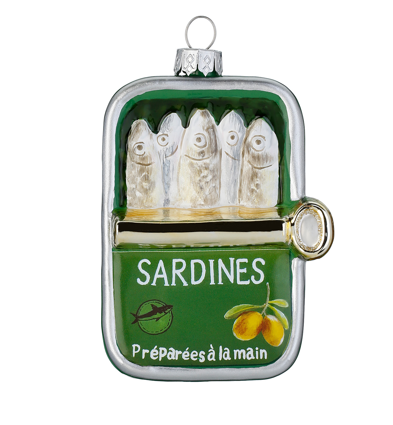 Inge Glas Christbaumkugel Sardinendose grün, Glas, ca. 9 cm, Sardinenbüchse  