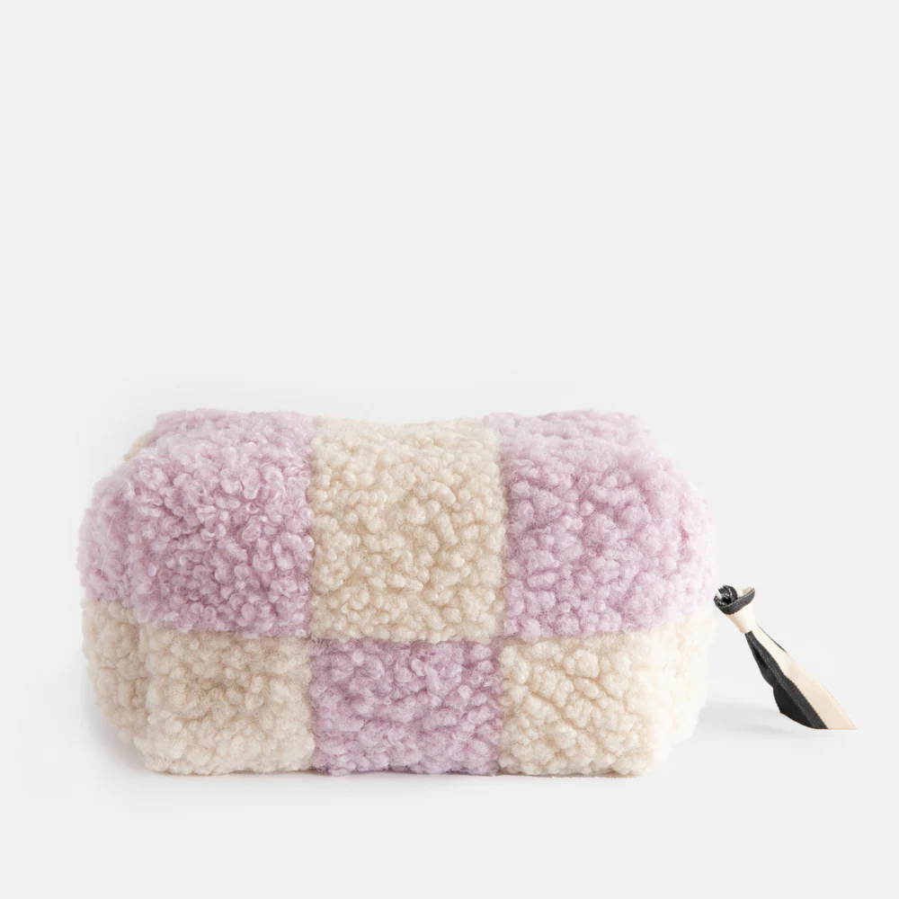 Caroline Gardner Lilac/Cream Check Borg Cube Cosmetic Bag  , Kosmetiktasche , Teddyplüsch