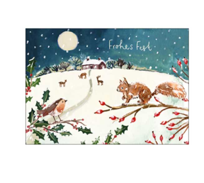 Postkarte Weihnachten Frohes Fest (Winterlandschaft mit Tieren) von Louise Mulgrew
