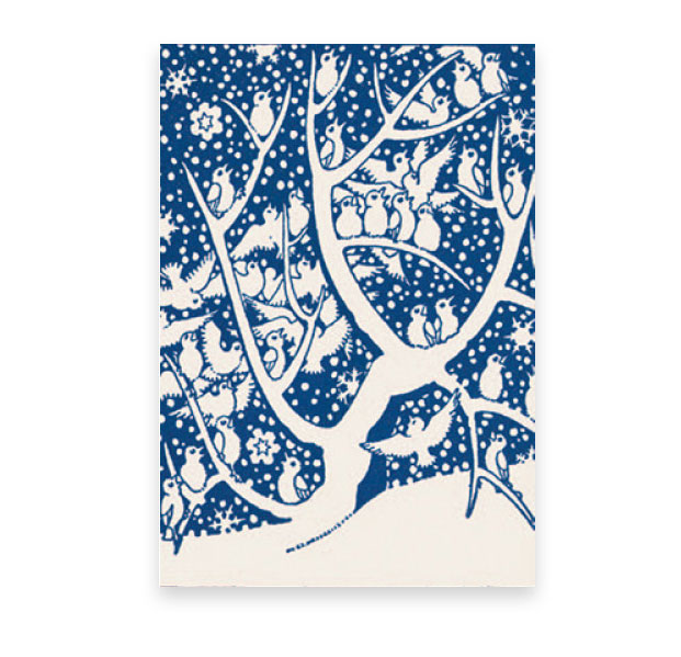 Postkarte - Vögel auf Baum, blau weiss, Schnee,  Winter