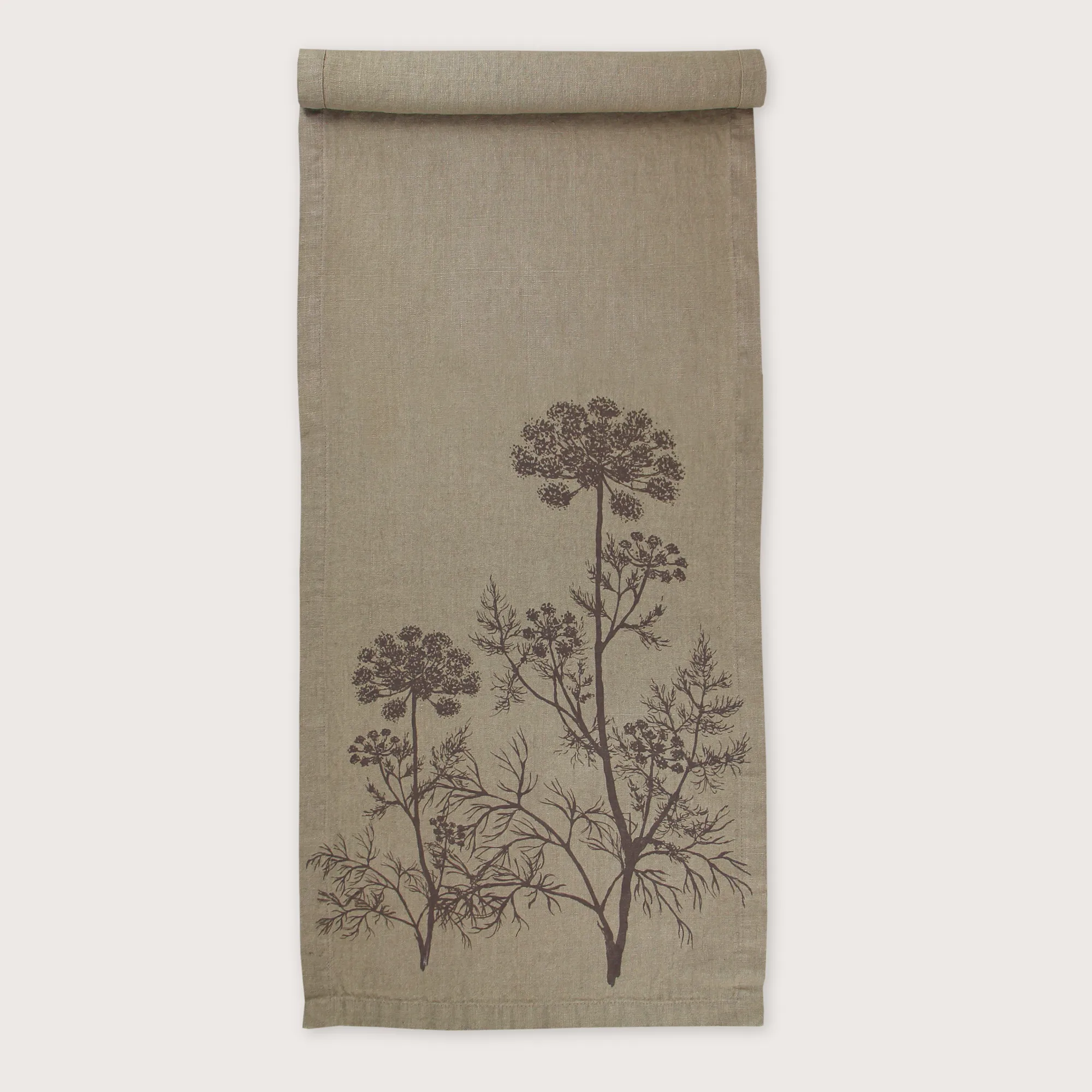 Dorothee Lehnen Tischläufer Kerbel, Leinen , handbedruckt ca. 150x40cm, sepia tint von Dorothee Lehnen   