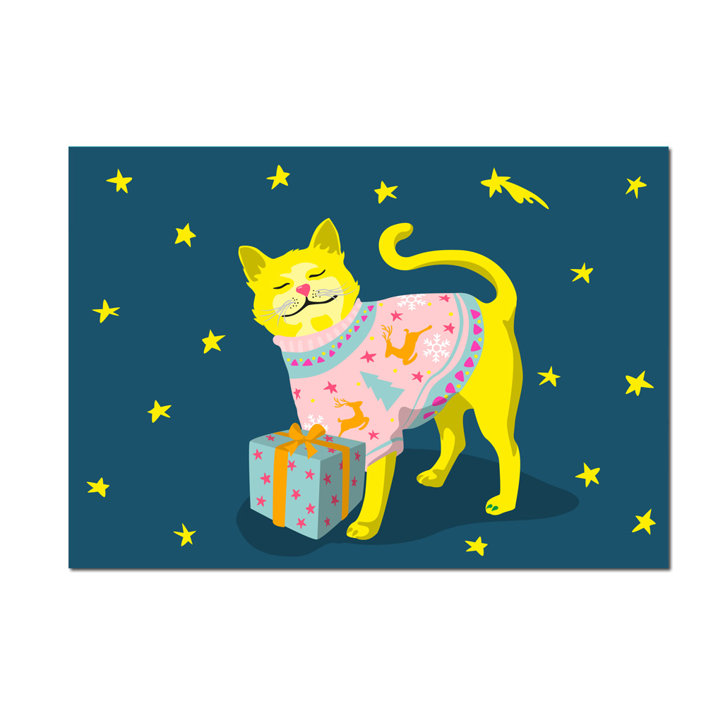 Postkarte XMAS Winter Cat , Katze, neon, luminous ...so süß!