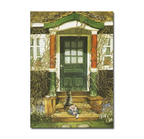 Postkarte Inge Löök "Katze mit Blumenstrauß vor Haustüre"  Löök Postkarte Katze