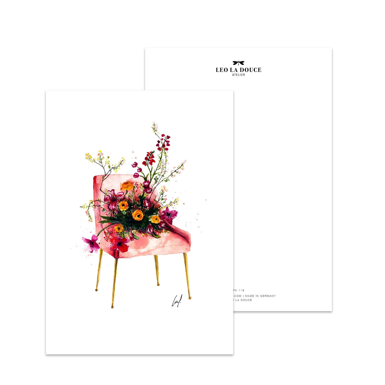 Leo la Douce Postkarte – FLOWER CHAIR von Leo la Douce, Stuhl, Sessel, Blumen