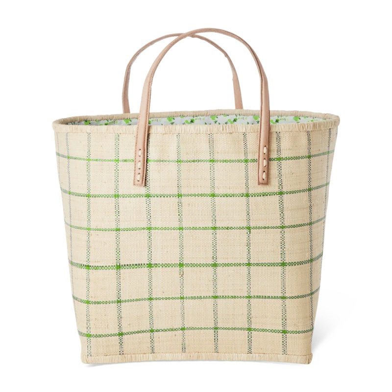 Rice Korbtasche Green Check, Raffia Tasche natur