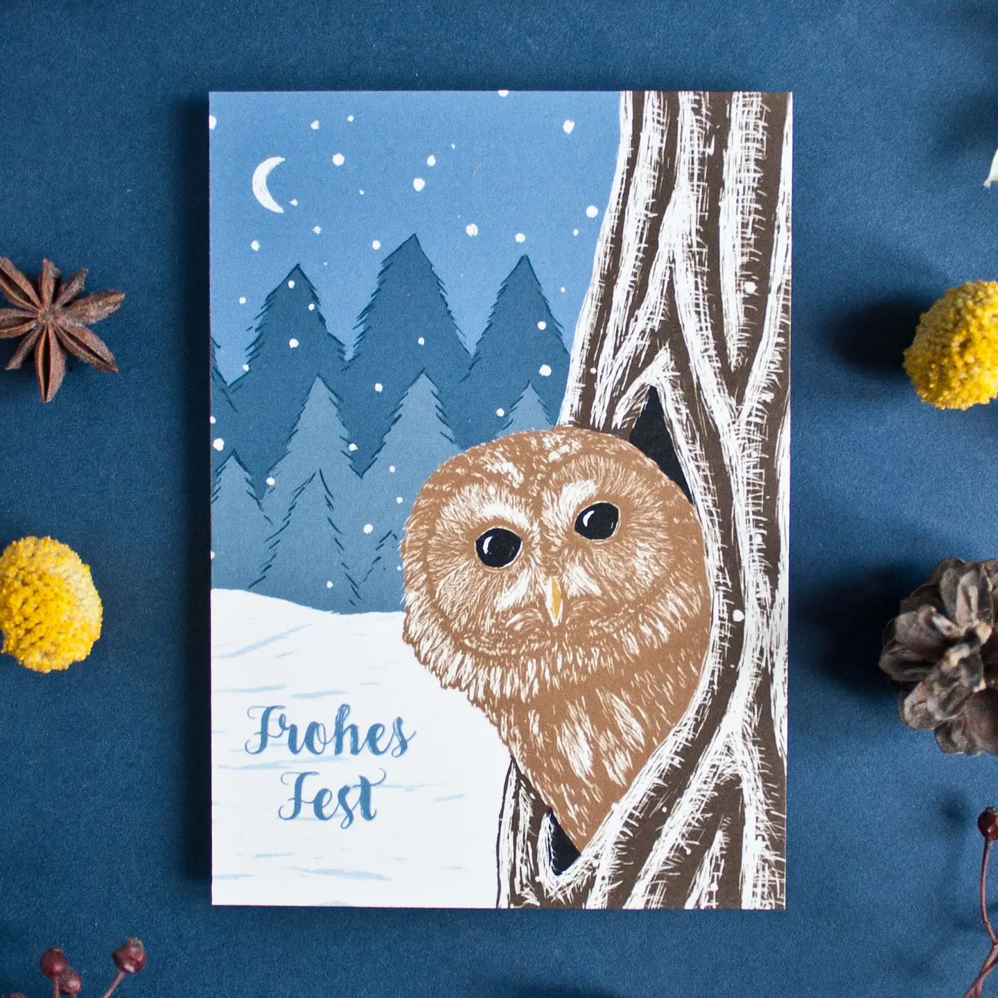 Weihnachtskarte Waldkauz Frohes Fest von Katja Rub