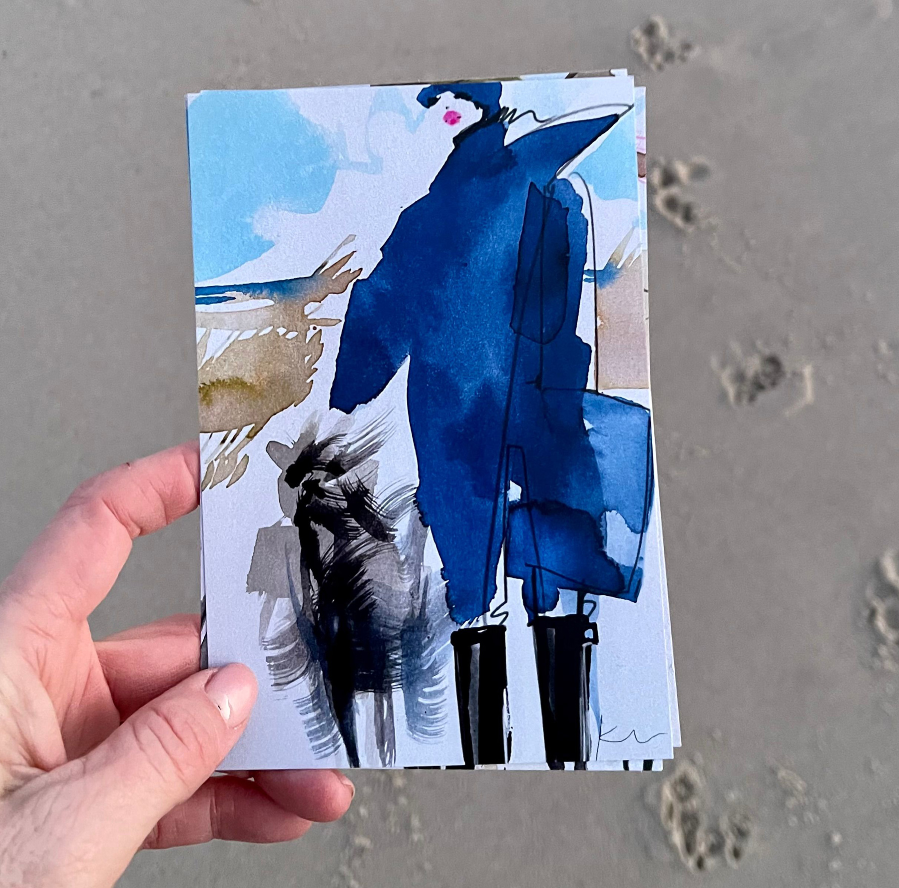 Katja Foos Karte "Doodlepoodle mit Frauchen" aus der Serie „Hundis & Frauchen“, blau