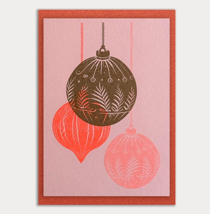 RISO Weihnachtskarte Weihnachtskugeln, mit Umschlag , Neon Pink, handgedruckt   