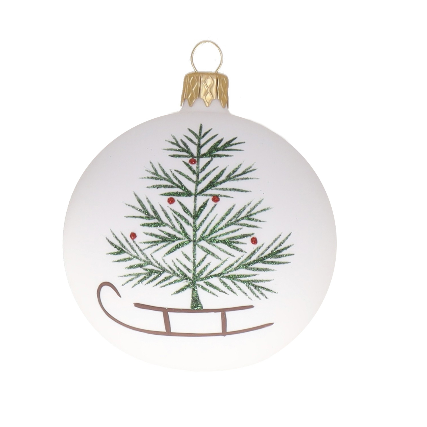 Weihnachtskugel "Schlitten mit Baum" grün-braun-weiß, D. ca. 8 cm, handbemalt, weiß matt