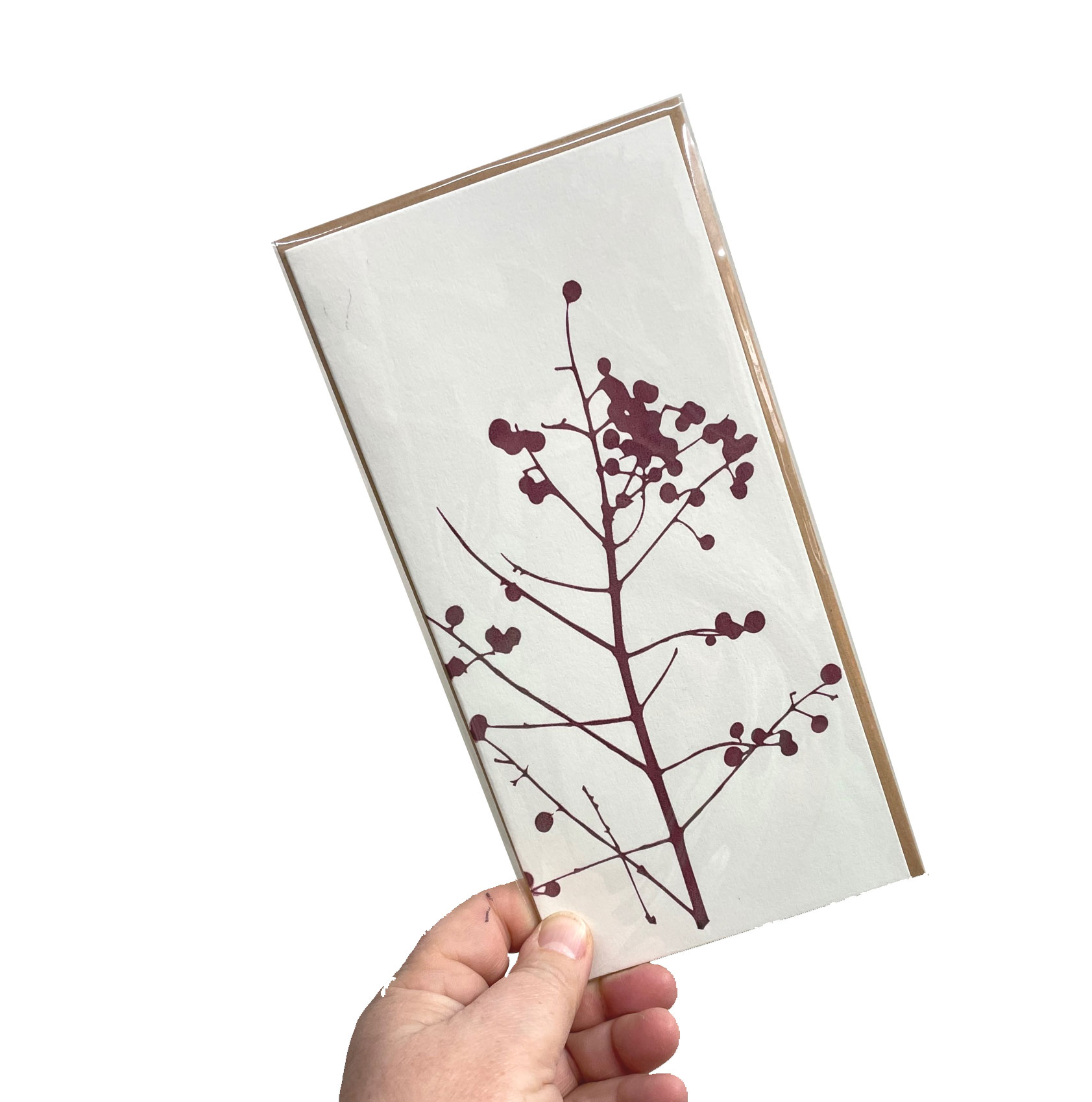Dorothee Lehnen Briefkarte handgedruckt, 10,5 x 21,50 cm,Wildblume, burgund
