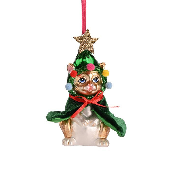 Weihnachtskugel Katze mit Weihnachtsbaumkostüm, Glas, ca. 11,5 cm , Hänger Katze mit Weihnachtsbaumkostüm, grün